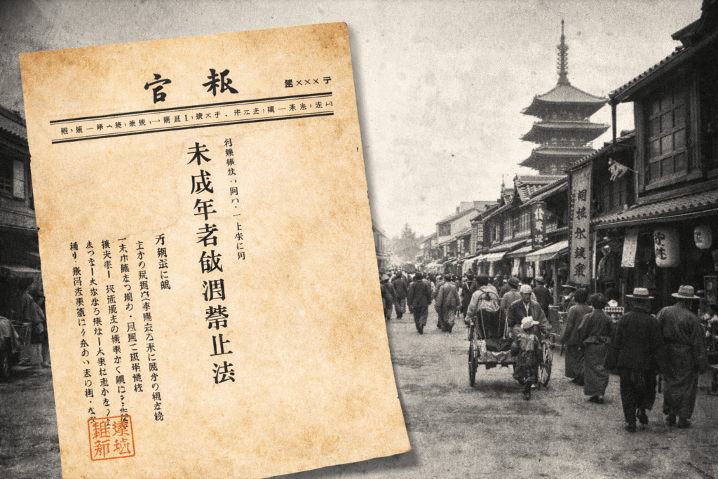 Split comparison infographic explaining why the legal drinking age in Japan is 20 while legal adulthood begins at 18, featuring civil code and alcohol restriction visuals.
