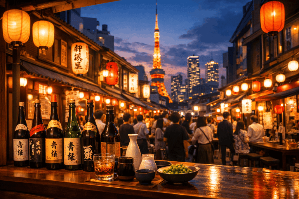 Japan nightlife scene with sake bottles on a bar counter and izakaya street lights in Tokyo during evening