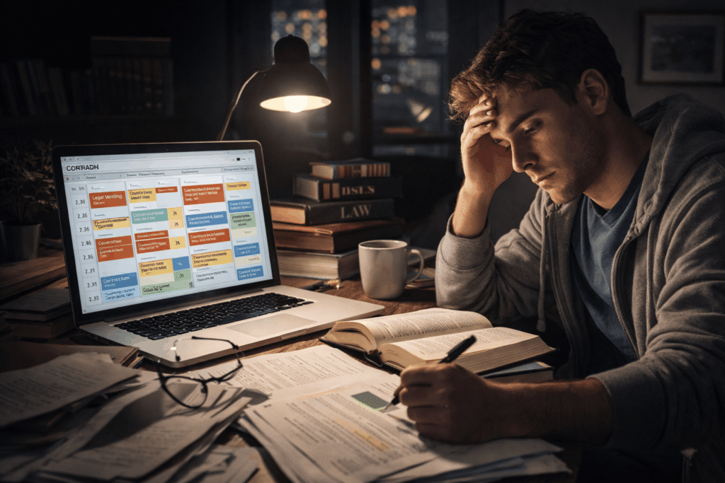 Law student studying late at night with textbooks, laptop calendar, and coffee, representing the intense workload of an accelerated JD program. 