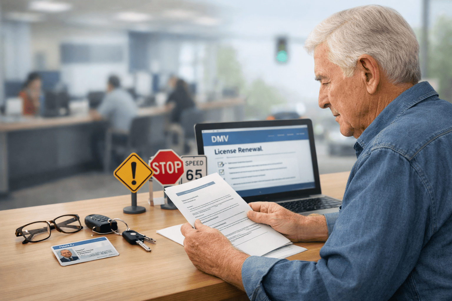 Older driver reviewing U.S. senior driving license renewal rules and DMV paperwork