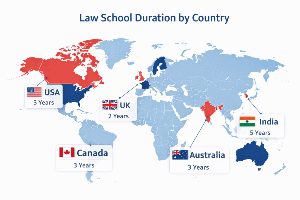 World map infographic showing law school duration in USA (3 years), UK (2 years), Canada (3 years), Australia (3 years), and India (5 years). 