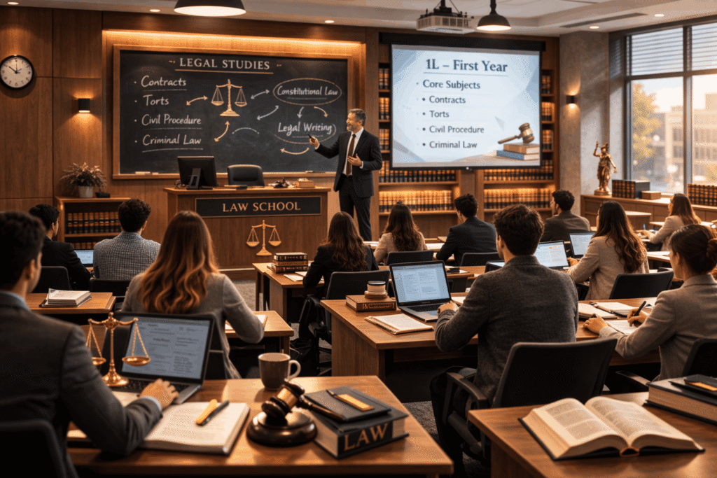 Professional law school classroom during first-year (1L) lecture with students listening to a professor in a modern university lecture hall. 