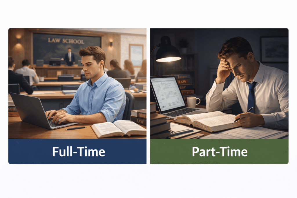 Side-by-side comparison of full-time law student attending daytime classes and part-time working professional studying at night. 