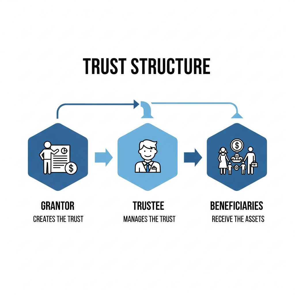 Infographic showing trust structure with grantor creating the trust, trustee managing the trust, and beneficiaries receiving the assets
