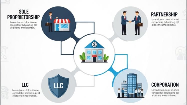 Infographic explaining different business structures including sole proprietorship partnership LLC and corporation for small businesses