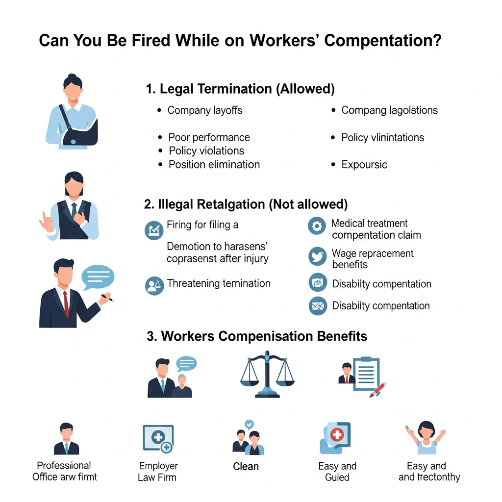 Can you be fired while on workers compensation infographic explaining legal termination, illegal retaliation, and workers comp benefits.