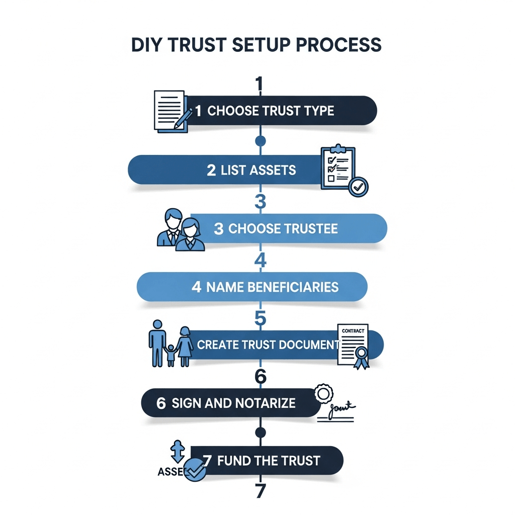 Infographic showing step-by-step DIY trust setup process including choosing trust type, listing assets, choosing trustee, naming beneficiaries, creating trust document, signing and notarizing, and funding the trust