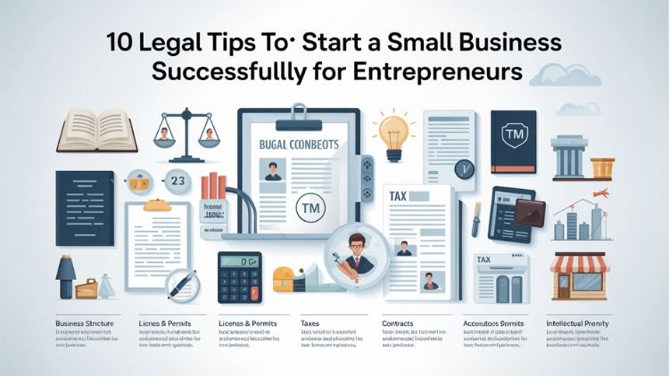 Infographic showing legal steps for starting a small business including business registration, licenses, taxes, contracts, and intellectual property protection