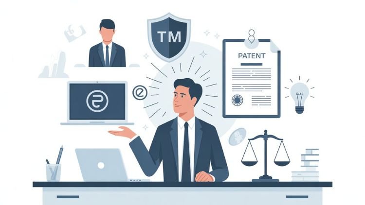 infographic showing intellectual property protection including trademarks copyrights and patents for small businesses