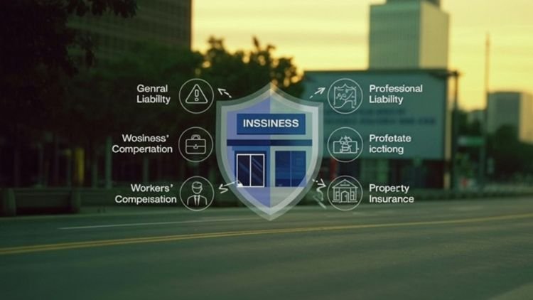 infographic showing business insurance protection for small businesses including liability insurance workers compensation and property coverage