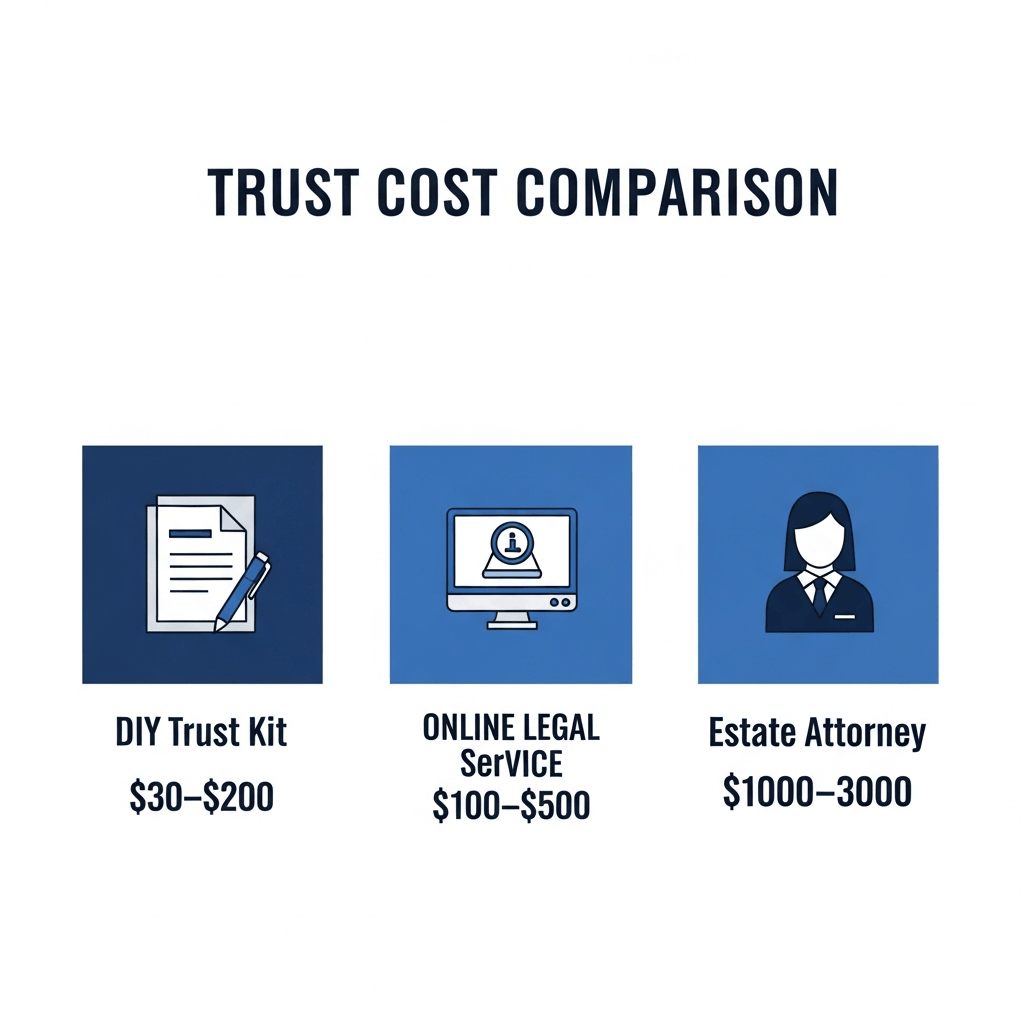 Infographic comparing the cost of setting up a trust using a DIY trust kit ($30–$200), online legal service ($100–$500), and estate attorney ($1000–$3000)