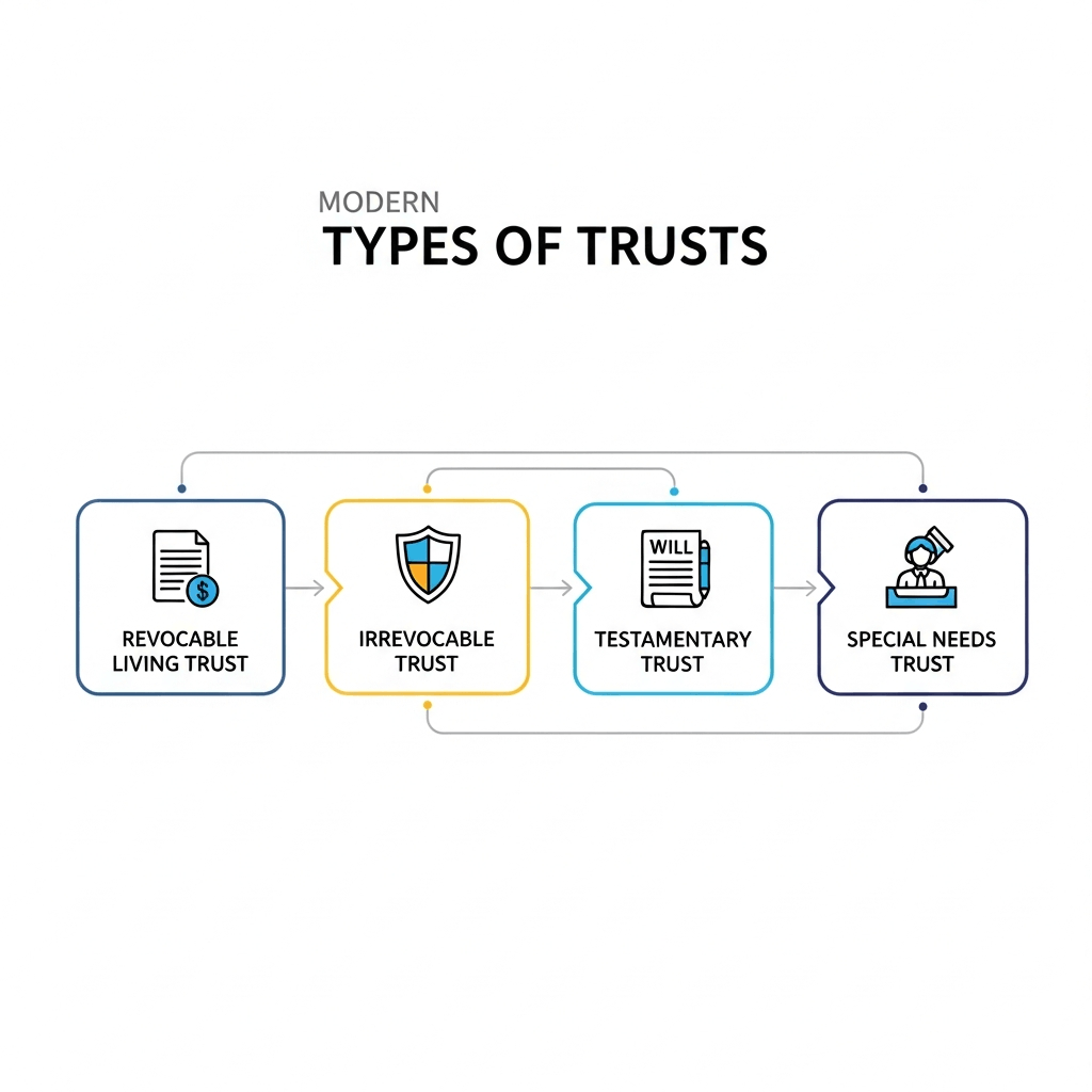 Infographic showing different types of trusts including revocable living trust, irrevocable trust, testamentary trust, and special needs trust in estate planning