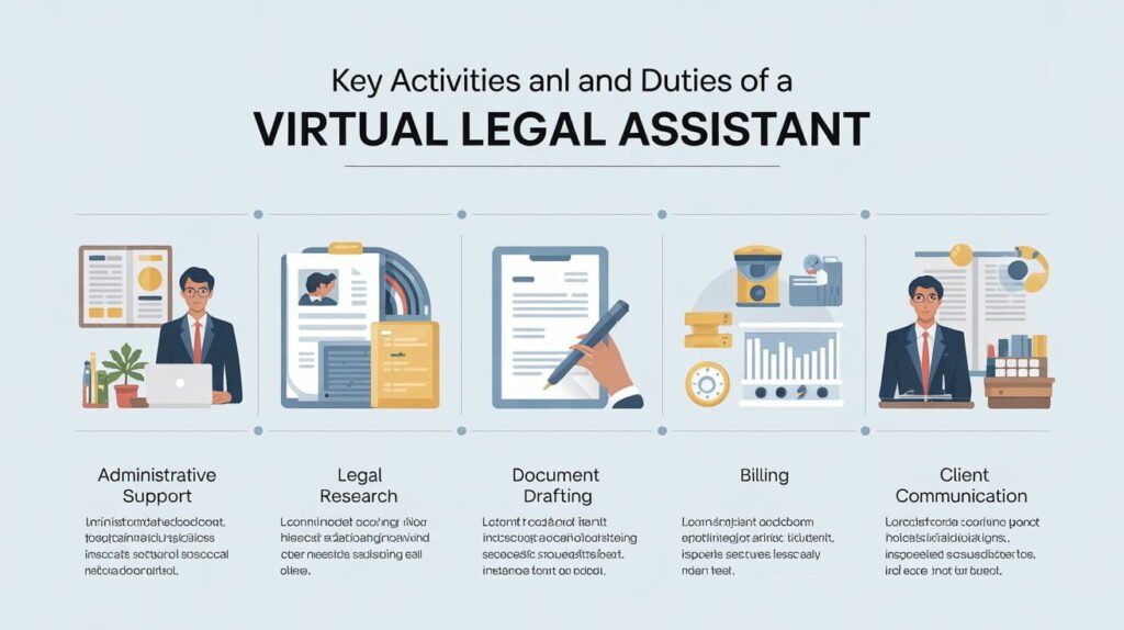 Infographic of virtual legal assistant duties including administrative support, legal research, document drafting, billing, and client communication