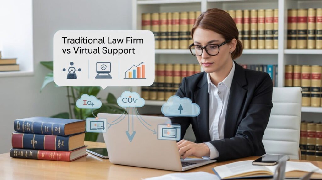 Virtual legal assistant working remotely with cloud software and law firm infographic