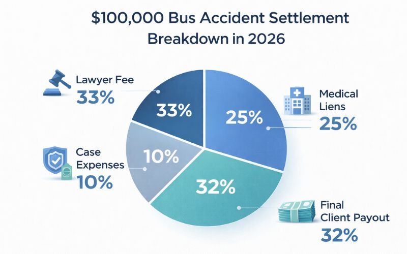 Bus accident settlement breakdown showing lawyer fees, medical bills, and final compensation distribution

