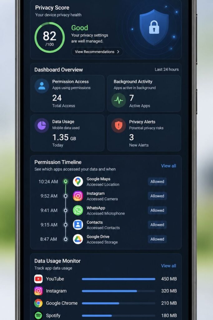 Android privacy dashboard interface for monitoring app permissions and data usage