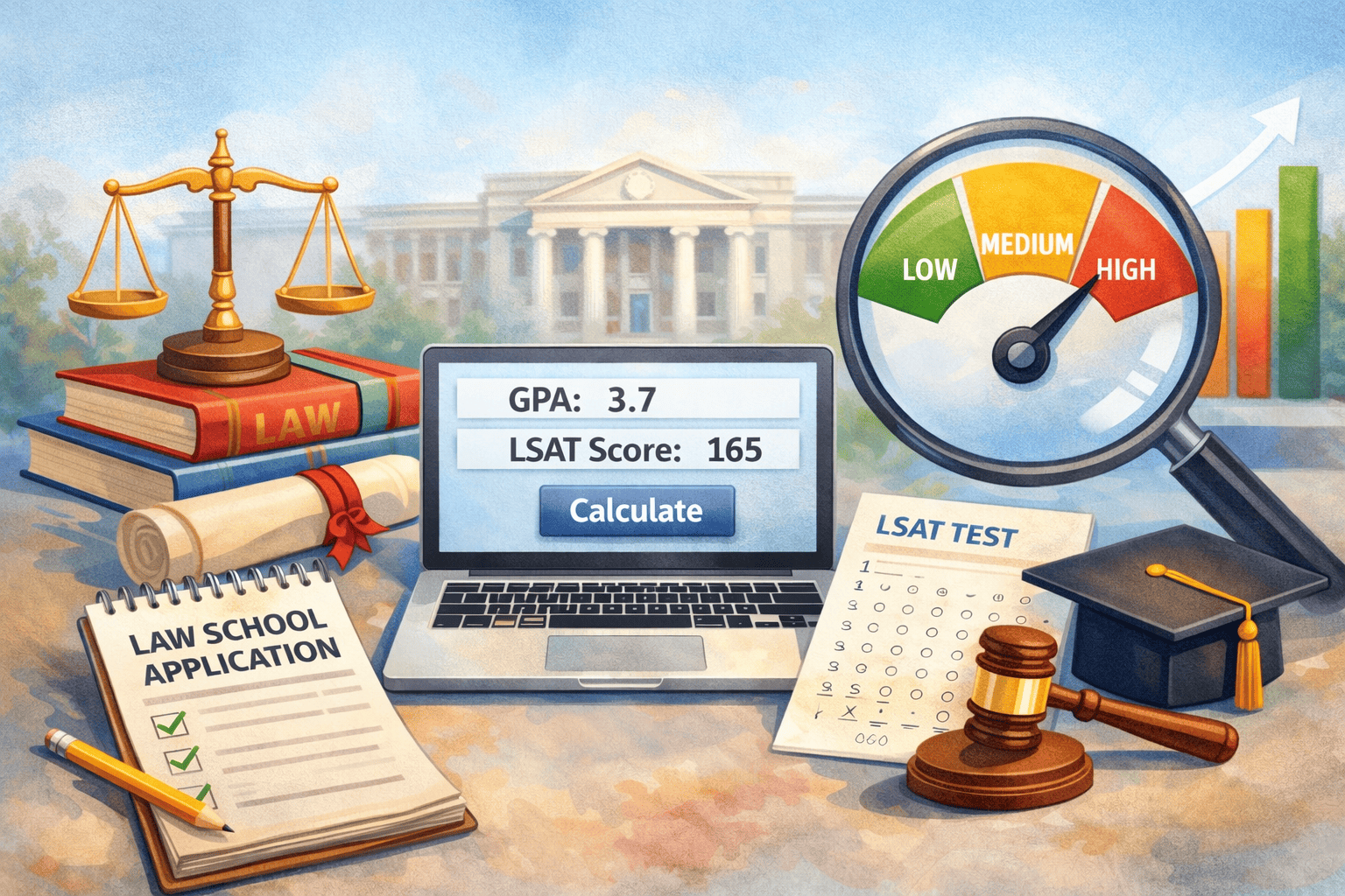 law school admissions calculator concept with GPA LSAT and legal elements