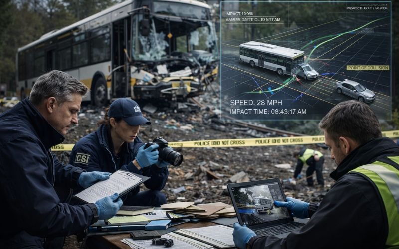 Bus accident investigation team collecting evidence and analyzing crash scene data
