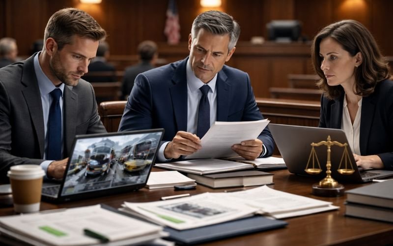 Bus accident lawsuit litigation stage with lawyers preparing evidence in courtroom environment
