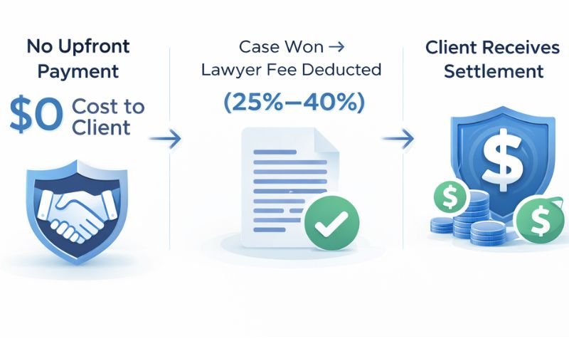 Bus accident lawyer contingency fee model showing no upfront cost and percentage-based payment after settlement
