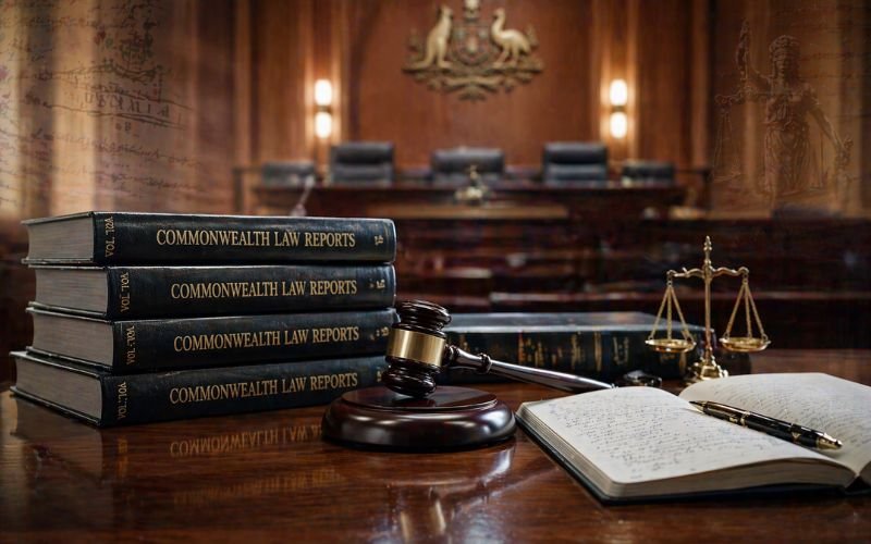 Commonwealth Law Reports books on a legal desk with gavel and courtroom background