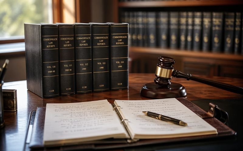 Professional legal desk with Commonwealth Law Reports books, gavel, and handwritten notes
