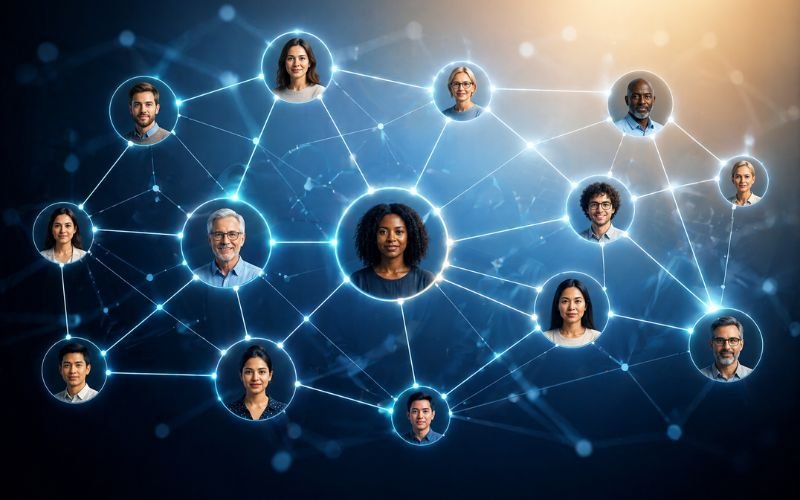 Digital network showing connected individuals in a shared legal case