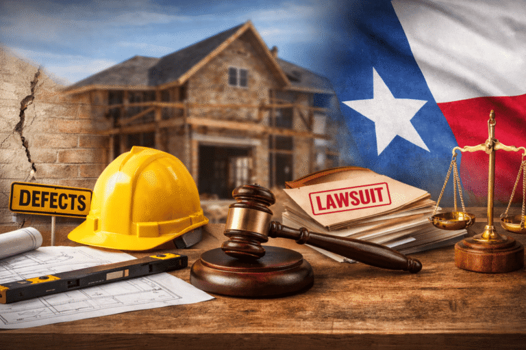 Construction lawsuit concept image showing a Texas home, hard hat, gavel, legal files, and signs of residential building defects.