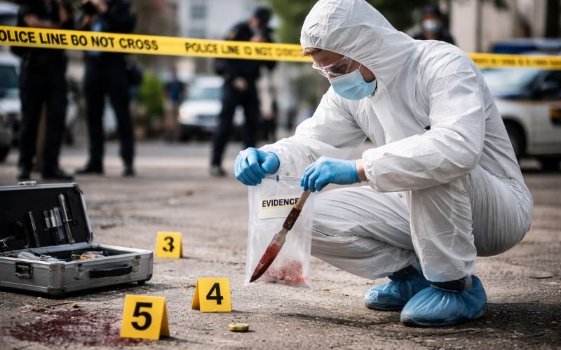 crime scene investigator collecting forensic evidence at crime scene
