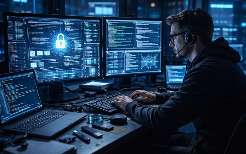 digital forensic expert analyzing cybercrime data on screens
