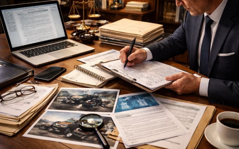 Lawyer reviewing evidence documents for wrongful death lawsuit
