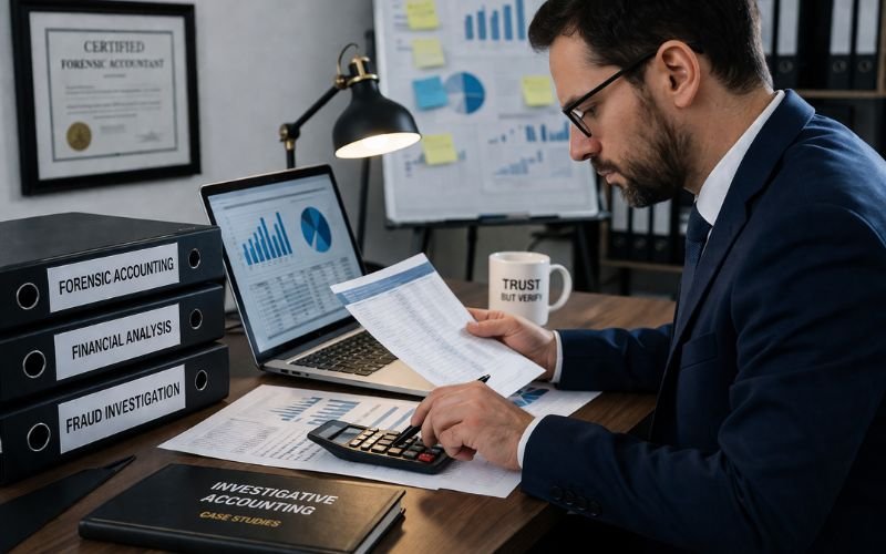 forensic accountant reviewing financial records for fraud investigation
