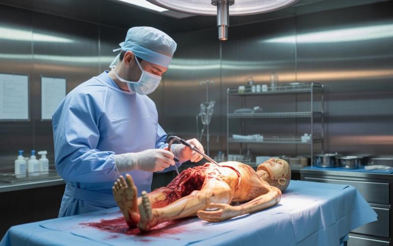 forensic pathologist performing autopsy in clinical lab
