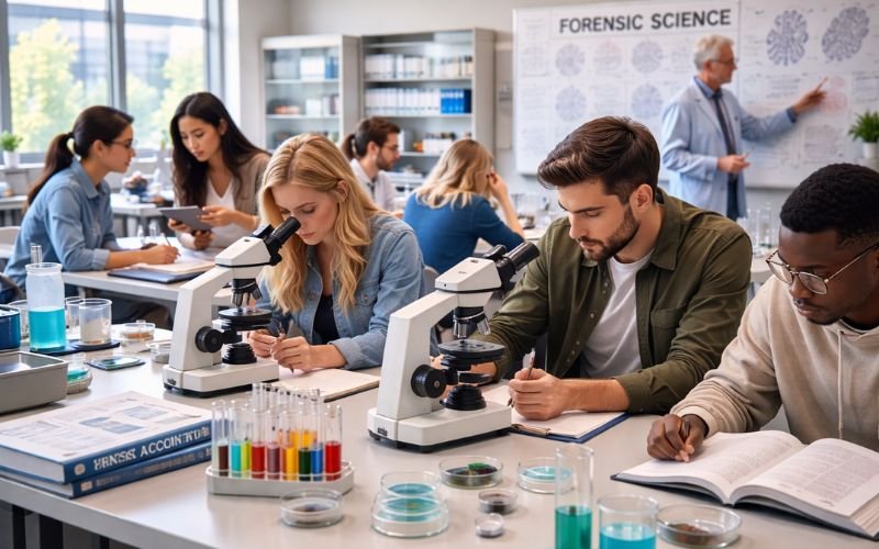 forensic science students studying in lab classroom
