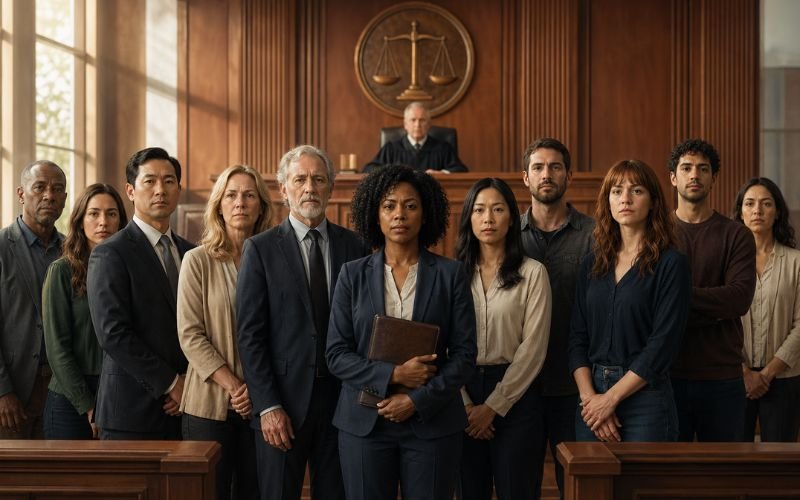 Diverse group of people standing together in courtroom representing a class action lawsuit