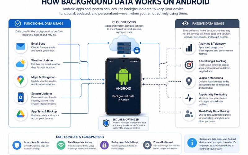 Infographic explaining functional and passive background data usage on Android devices