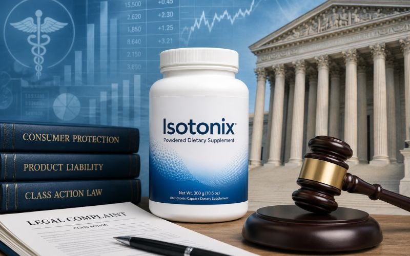 Isotonix lawsuit illustration showing dietary supplements and legal documents