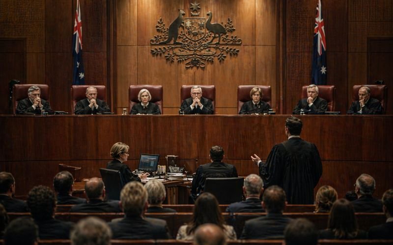 Courtroom scene showing landmark legal decision environment in High Court