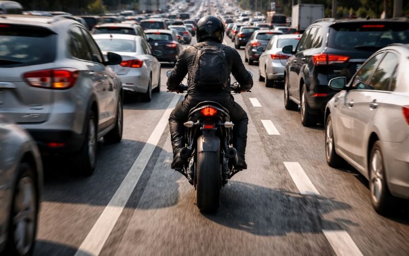 motorcycle lane splitting between cars in heavy traffic on highway
