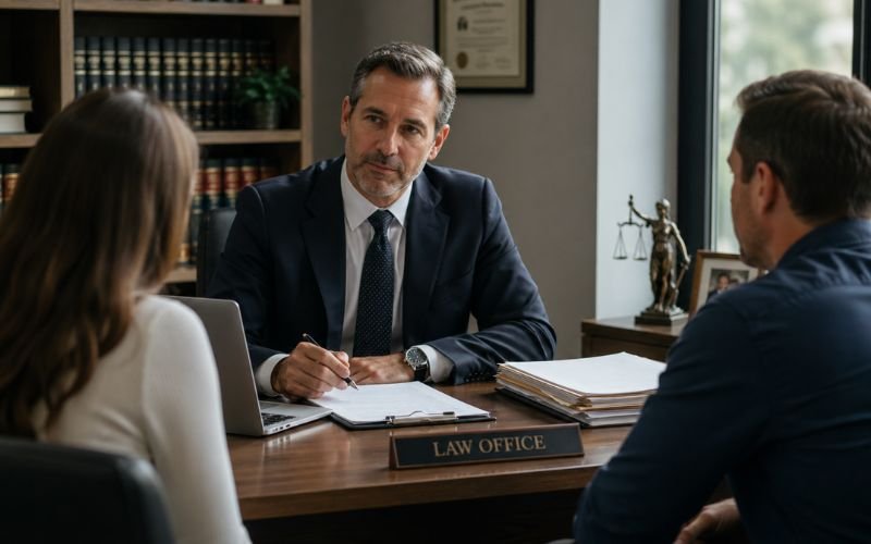 Lawyer discussing class action lawsuit details with clients in office