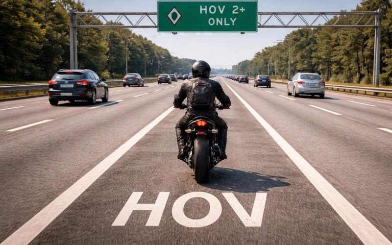 motorcycle riding in hov lane with single rider florida highway
