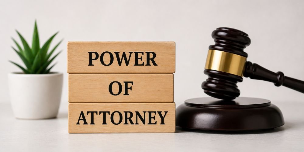 power of attorney document on desk with pen and legal setup