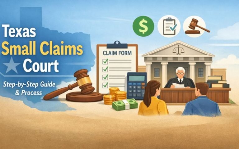 Texas small claims court step by step guide showing court process, fees, and legal documents illustration