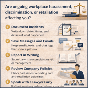 Infographic showing steps to take in a hostile work environment before contacting a lawyer