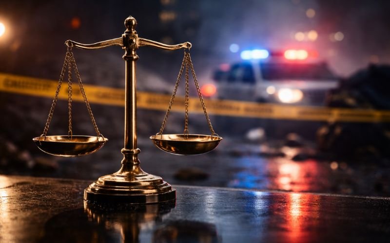 Wrongful death legal concept with justice scale and accident background
