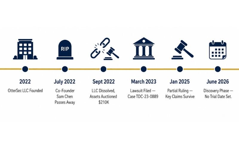 OtterSec lawsuit timeline 2022 to 2026 case milestones founding dissolution lawsuit ruling