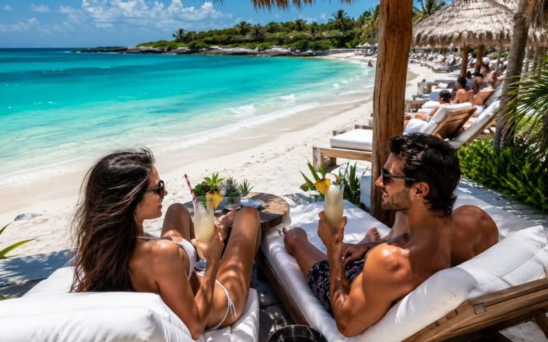Two adults drinking tropical cocktails on sunbeds at a luxury beach club on a white sand beach in Mexico