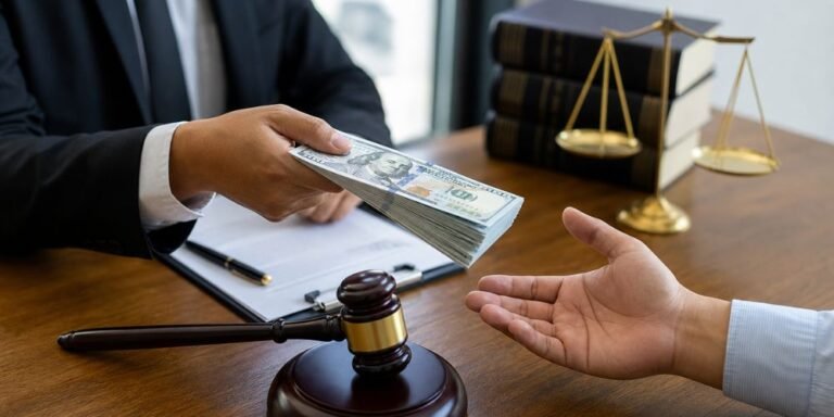 Bail money being handed over in a legal setting with gavel and justice scale representing court bail process