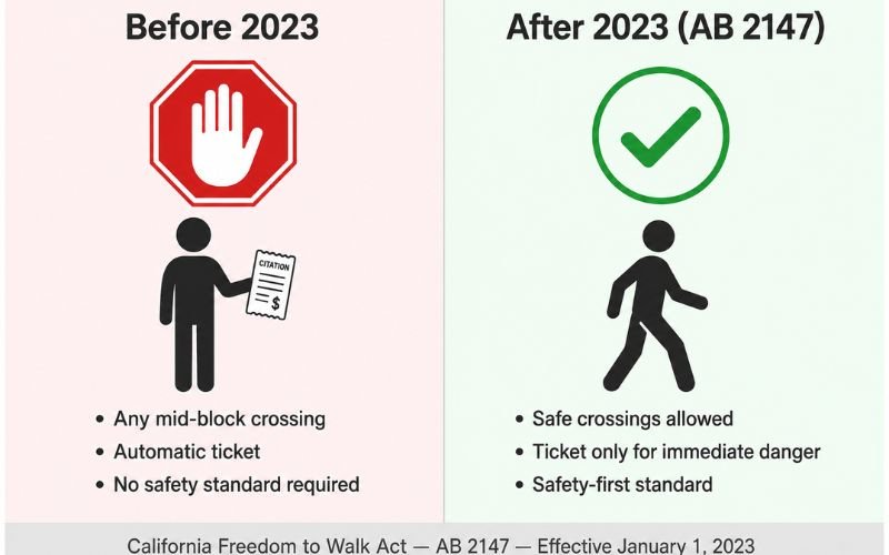 Infographic comparing California jaywalking law before 2023 versus after AB 2147 Freedom to Walk Act showing enforcement changes