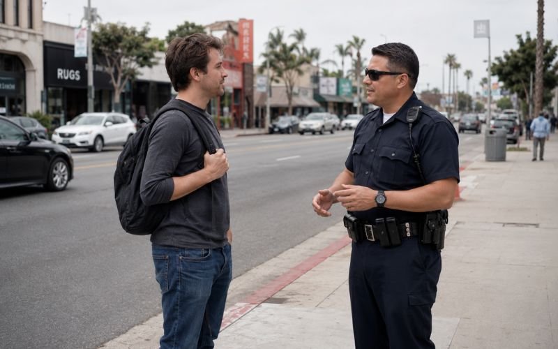 California police officer calmly speaking with pedestrian near busy road about jaywalking citation under AB 2147